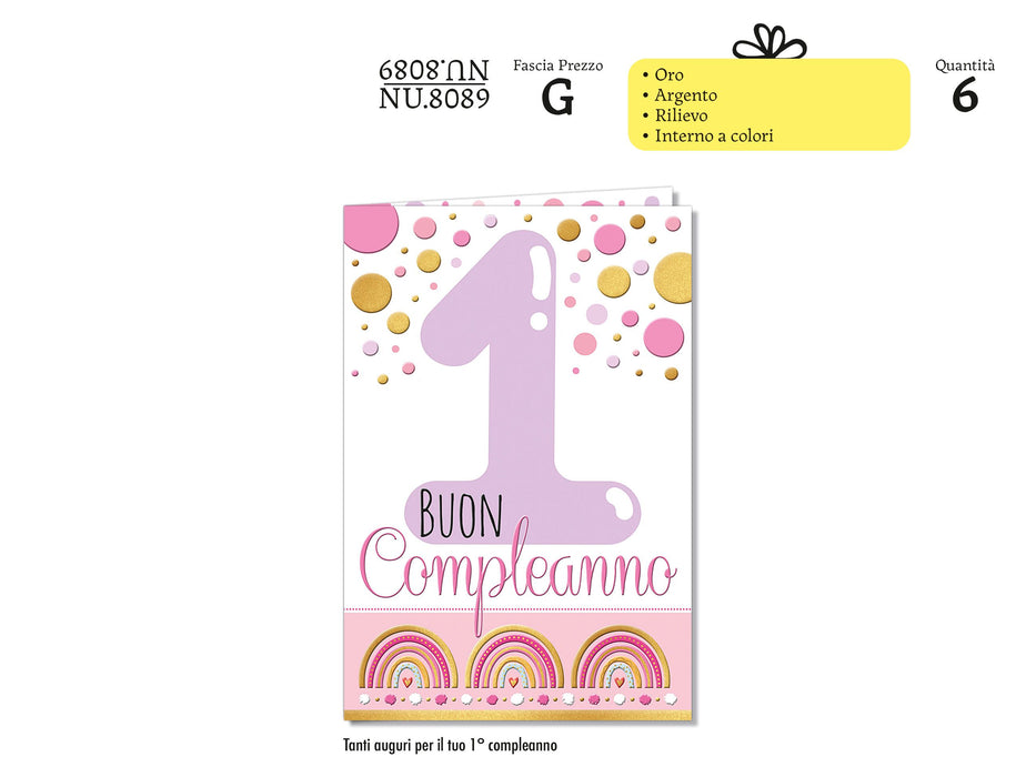 CROMO BIGLIETTI COMPLEANNO 1 ANNO ROSA NU.8089- Conf da 1